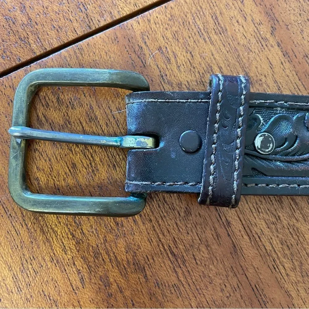 Vintage Chambers Embossed Leather Belt With Acorns and Leaves Brown Tan